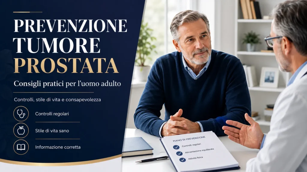 Uomo adulto in colloquio con il medico per la prevenzione tumore prostata — piano di controlli regolari e stile di vita sano