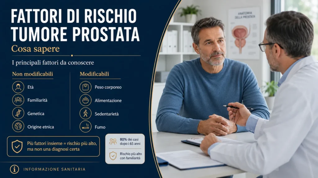 Uomo adulto in colloquio con il medico sui fattori di rischio tumore prostata: età, familiarità, genetica, stile di vita