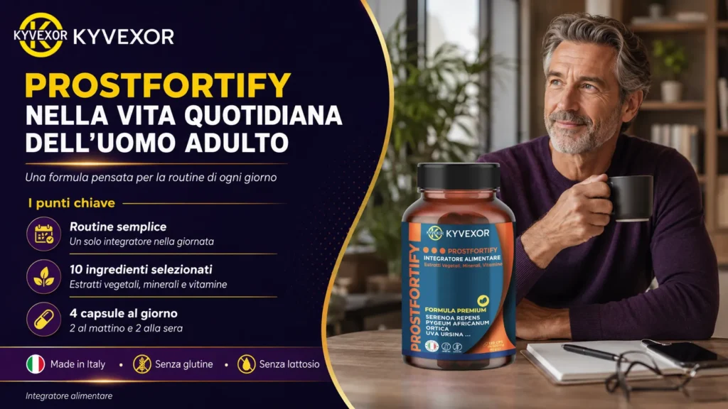 Uomo adulto con il barattolo ProstFortify KYVEXOR sul tavolo — routine quotidiana con 4 capsule al giorno