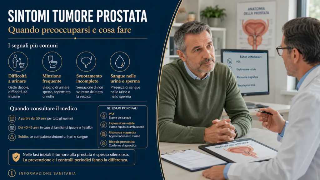 Uomo adulto in colloquio con il medico sui sintomi tumore prostata: segnali urinari e esami diagnostici consigliati