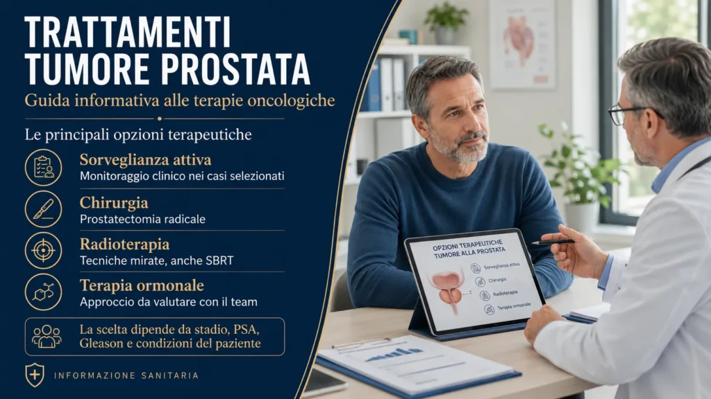 Uomo adulto in colloquio con il medico sui trattamenti tumore prostata: sorveglianza, chirurgia, radioterapia e terapia ormonale