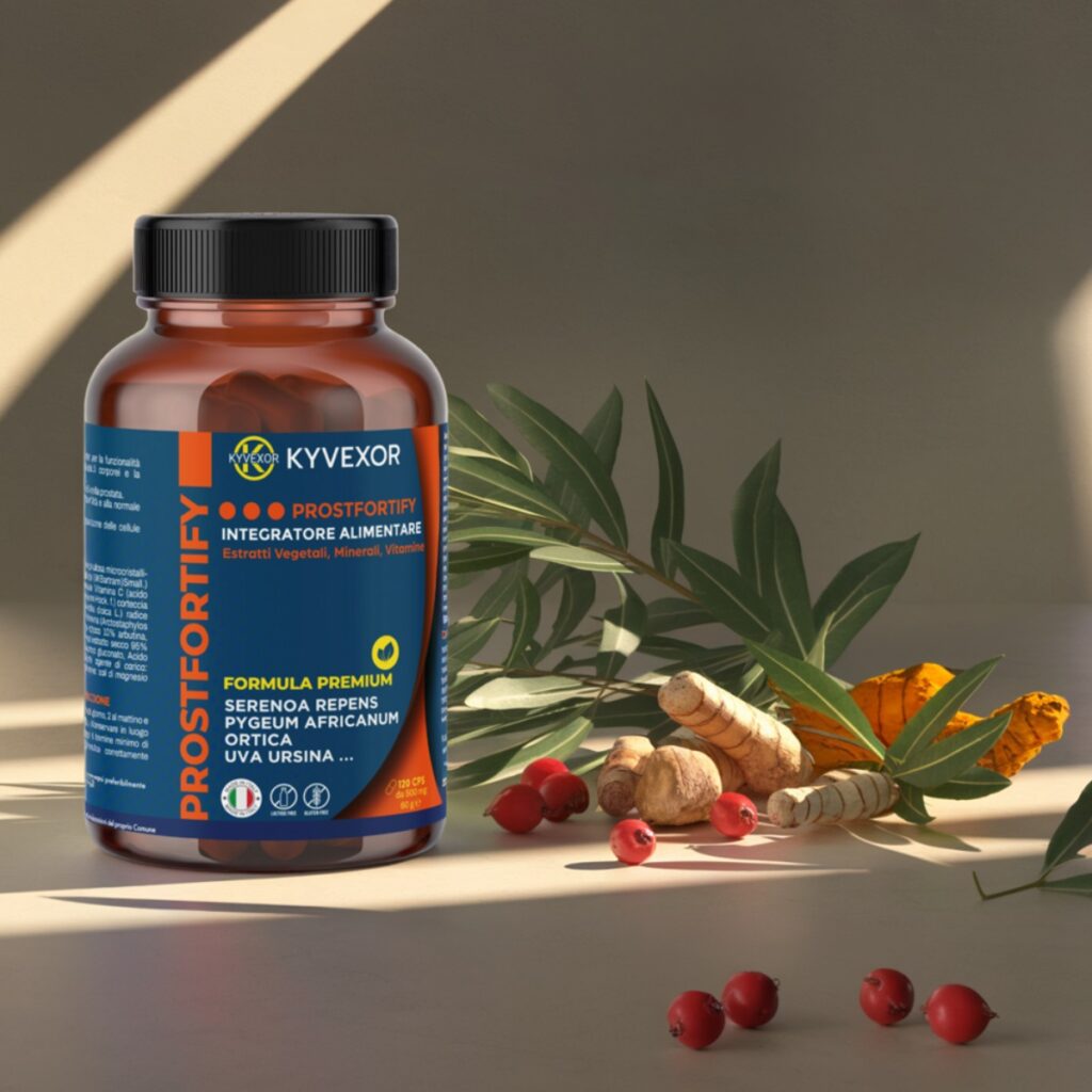 Barattolo di ProstFortify su tavolo di legno con ingredienti naturali come Serenoa Repens, semi di zucca e foglie verdi.