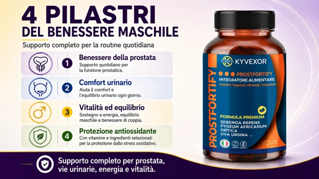 benefici integratore prostata uomo ProstFortify KYVEXOR — 4 pilastri benessere maschile: prostata, comfort urinario, vitalità, protezione