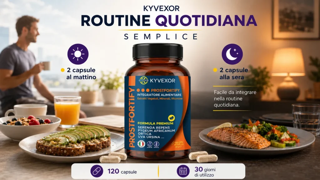 routine integratore prostata ProstFortify KYVEXOR: barattolo con 2 capsule al mattino a colazione e 2 alla sera a cena
