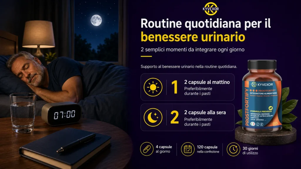 ProstFortify routine quotidiana integratore per le minzioni notturne uomo 2 capsule mattino e sera